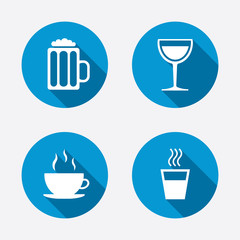 Drinks signs. Coffee cup, glass of beer icons.