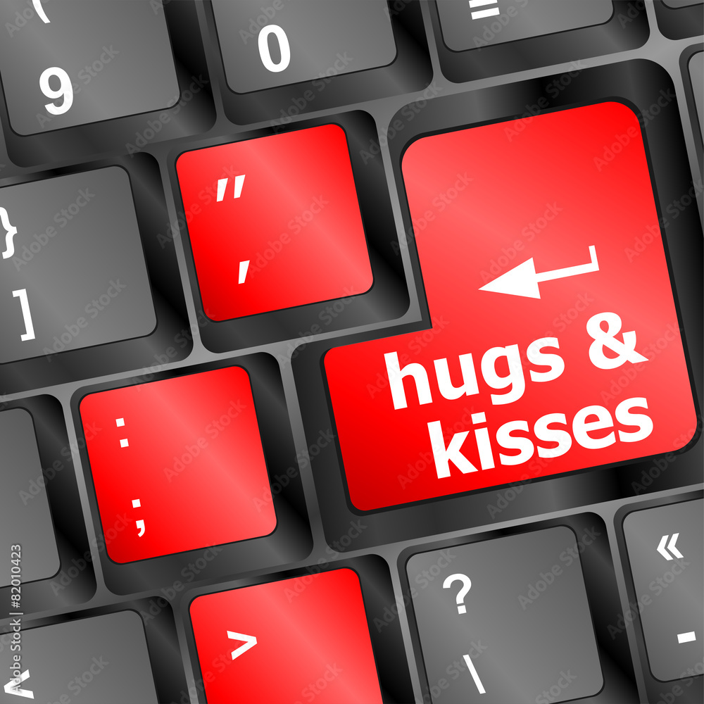 Poster hugs and kisses words on computer keyboard keys vector