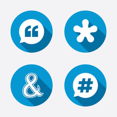 Quote, asterisk footnote icons. Hashtag symbol.