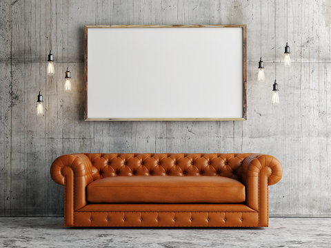 Mock up poster, leather sofa, concrete wall background