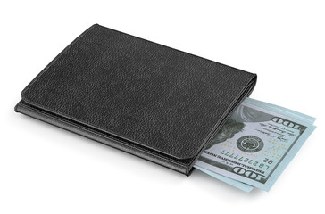 black leather purse with money