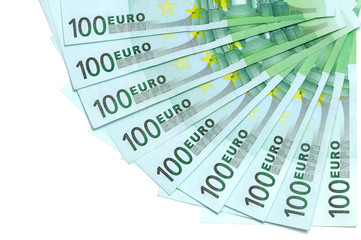 Banknotes of 100 euro are located around as fan