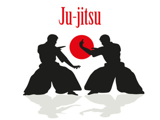 Two men are engaged in Ju-jitsu fight.