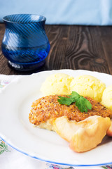 Baked chicken roll with apples, selective focus