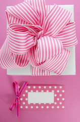 Happy Mothers Day white gift box with pink stripe ribbon.