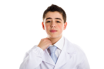 boy doctor pulling his collar because uncomfortable