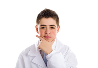 boy doctor touching his chin while thinking