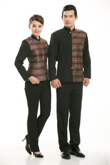 Wear clothing occupation Chinese waiters in white background