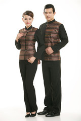 Wear clothing occupation Chinese waiters in white background