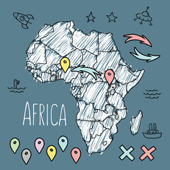 Doodle Africa map on blue chalkboard with pins and extras vector