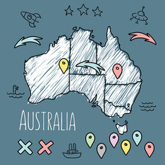 Doodle Australia map on blue chalkboard with pins and extras