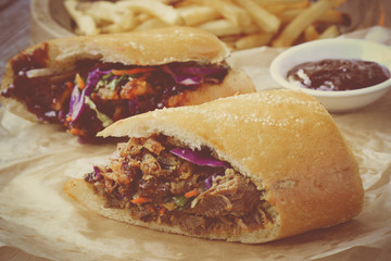 Barbeque Pulled Pork Sandwich with BBQ Sauce.