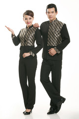 Wear clothing occupation Chinese waiters in white background