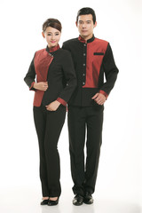Wear clothing occupation Chinese waiters in white background