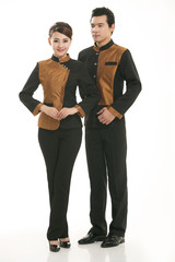 Wear clothing occupation Chinese waiters in white background
