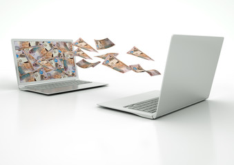 two 3D laptops transferring new Jordan money banknotes isolated on white background  - obrazy, fototapety, plakaty