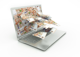 3D Singapore money coming out of Laptop monitor isolated in white background