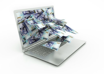 3D Taiwan money coming out of Laptop monitor isolated in white background