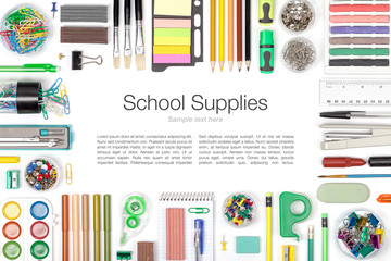 school supplies on white background top view
