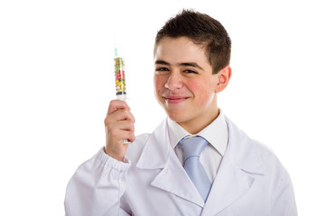 Child doctor makes syringe full of pills friendly