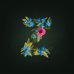 z letter. Flower  alphabet. Colorful font. Lowercase.