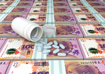 close up of 3D medicine, tablets pills on top of Argentina money