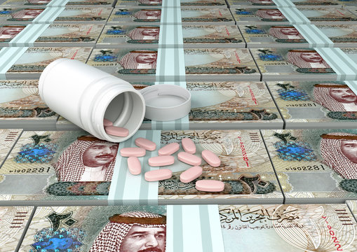 close up of 3D medicine, tablets pills on top of Bahrain Money