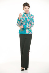 Fototapeta premium Wearing cotton padded jacket China lady in white background