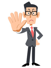 止めるメガネをかけたビジネスマン