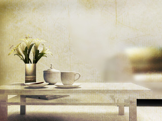 flower and a cup on  the table