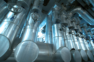 Industrial zone, Steel pipelines and cables in blue tones