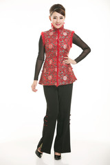 Wearing Chinese clothing waiter in front of a white background