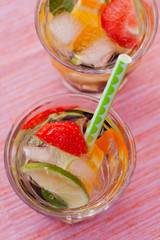 Refreshing white sangria (punch) with fruits, picnic idea