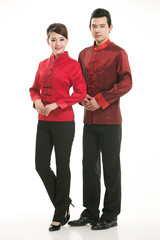 Wearing Chinese clothing waiter in front of a white background