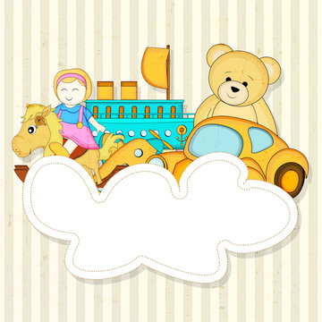 Blank sticker or tag with colorful toys on stylish background.