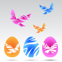 Fototapeta na wymiar Set of colorful easter eggs with pigeons.