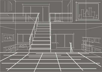linear sketch modern interior flat 3 levels gray background