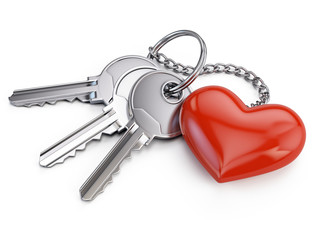 Keys with red heart isolated on white background