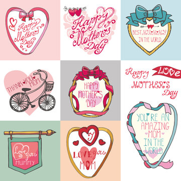 Mothers day cards set.Frames, decor elements,hearts,lettering