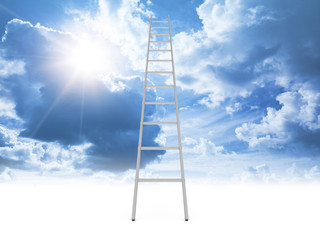 Metal ladder goes to the cloudy sky with shining sun