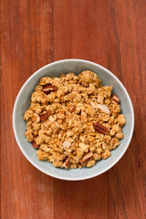 granola in bowl in brown background