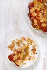 pie on white plate on white background