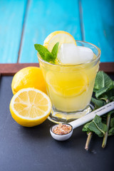Refreshing lemonade with fresh citrus , mint and ice in glass