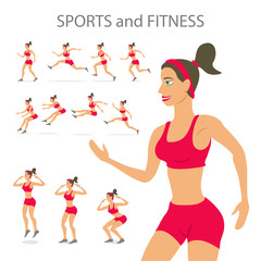dancing girl  red sports pants Cartoon flat, vector  set.