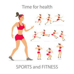 dancing girl  red sports pants Cartoon flat, vector  set.