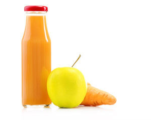 Glass bottle of fresh healthy juice with apple and carrot isolated on white