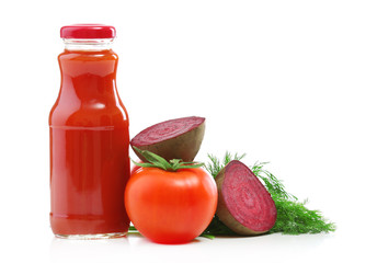 Glass bottle of fresh healthy juice with vegetables isolated on white