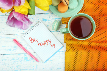 Composition with good morning top view on wooden background