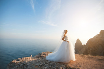 Fototapeta na wymiar Beautiful young bride stands on rock in the sea rocky landscape