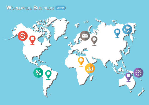 World Map with Pointers and Business icon ( Flat design )